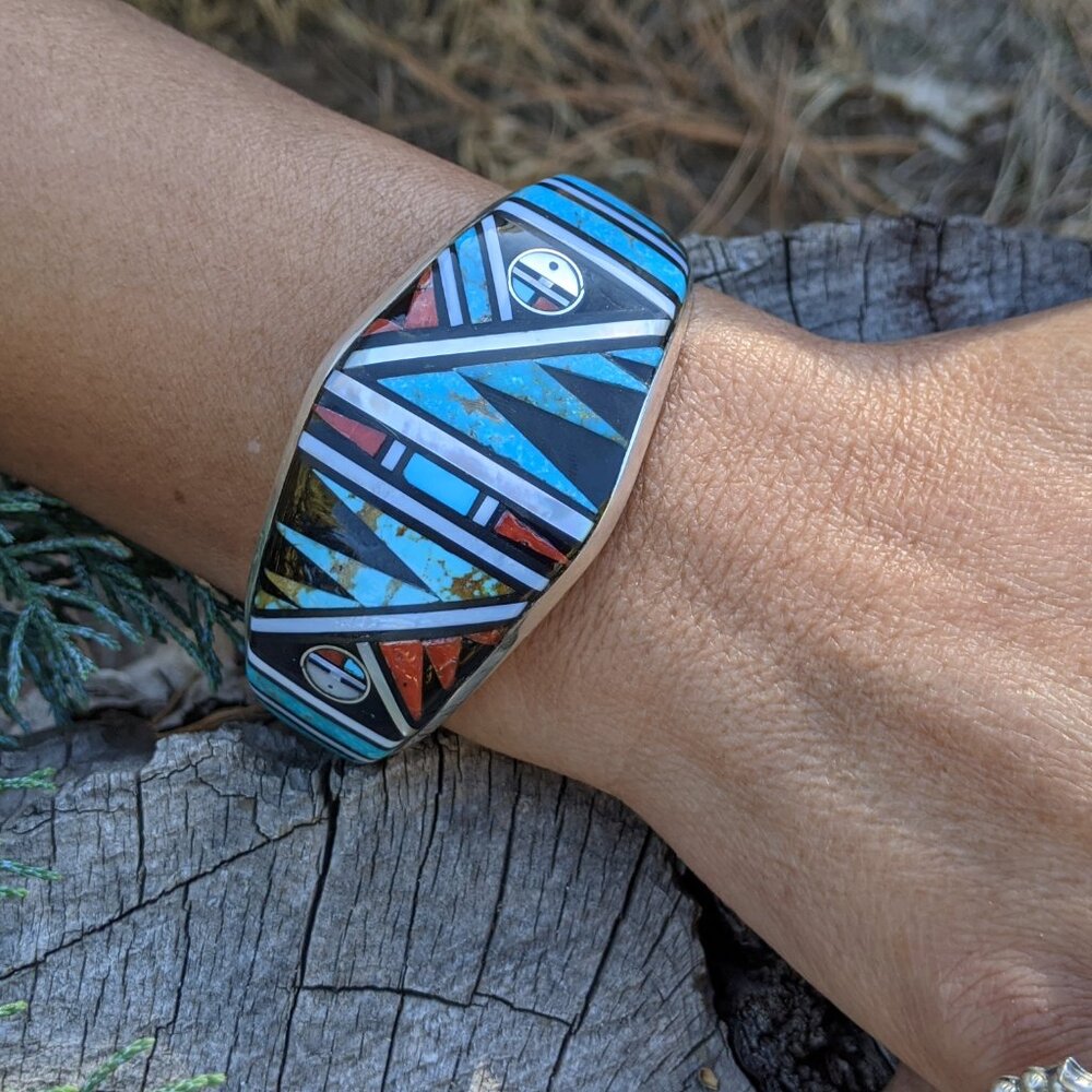 Navajo Handmade Bracelet Sterling Silver Turquoise Inlay - Picture 3 of 3